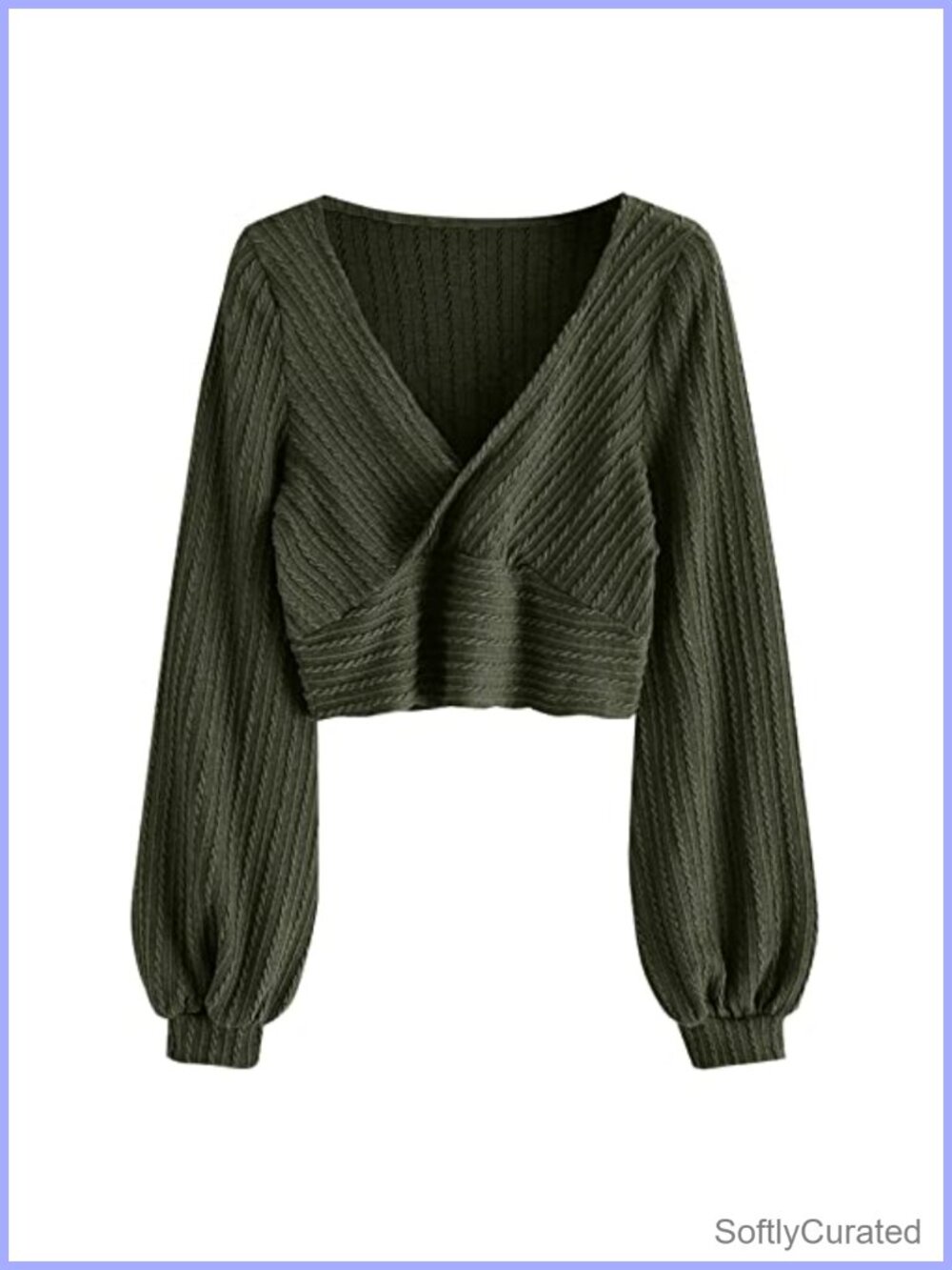 Ribbed Cropped Knit V-Neck Pullover Sweater with Lantern Sleeves